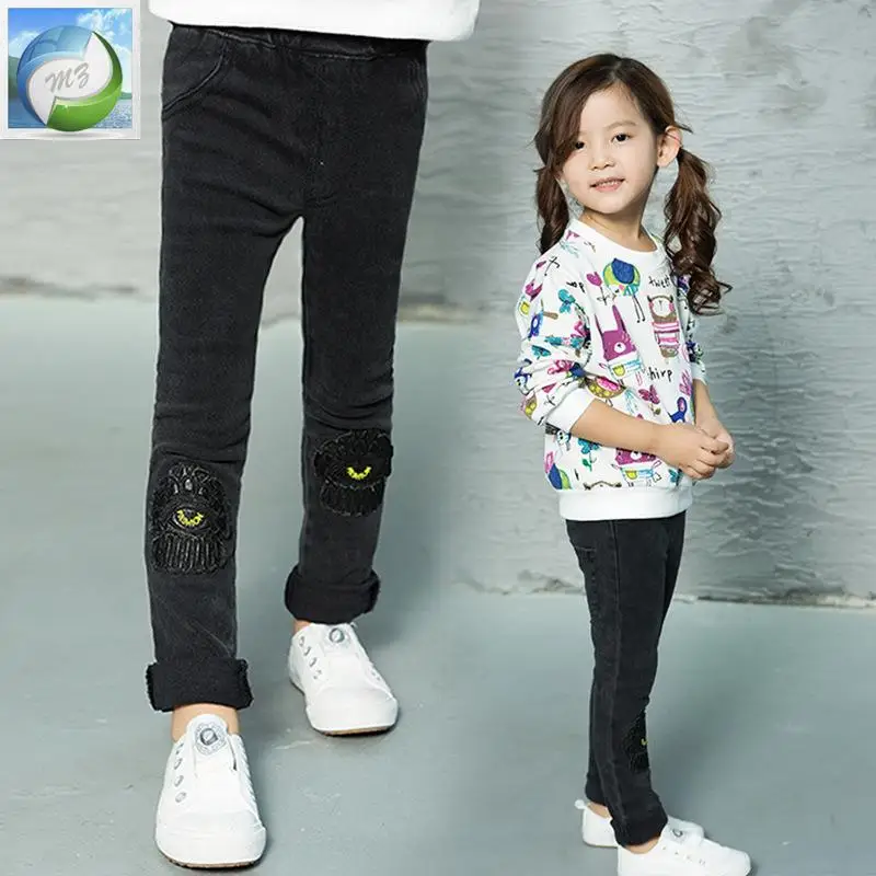 Байкерские джинсы для девочек черные детские джинсовые брюки с потертостями
