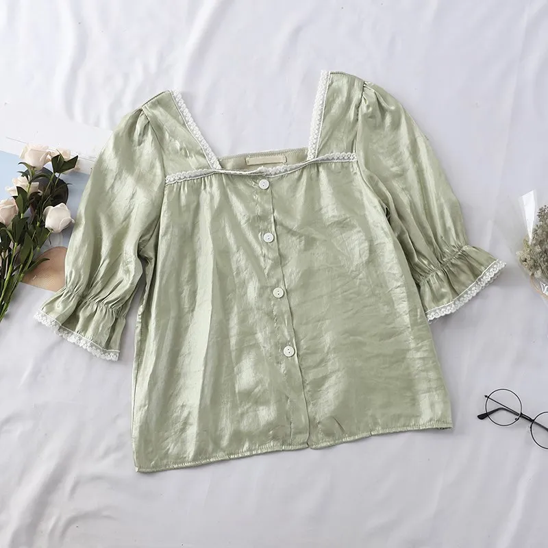 2019 Summer Fashion Streetwear Vintage Style Square Collar Metallic Satin Blouse Women Blusas Sweet Girls Shirt Tops |