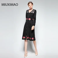 famous brand runaway 2018 newest spring fashion slim elegant ebroidery rose flower vintage casual long dress women