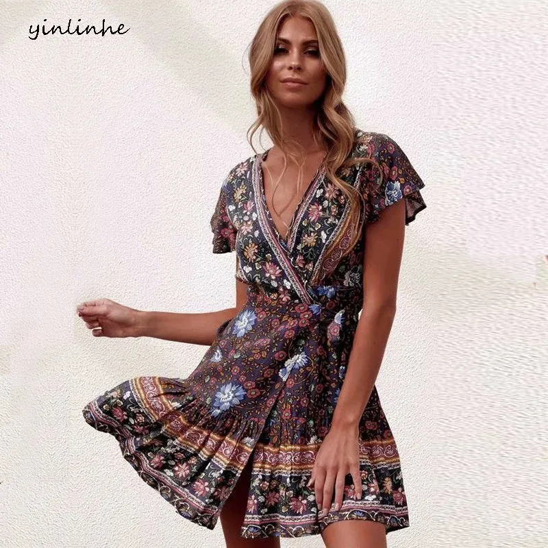 Женское платье с цветочным принтом yinlinhe хлопковое пляжное цельное коротким