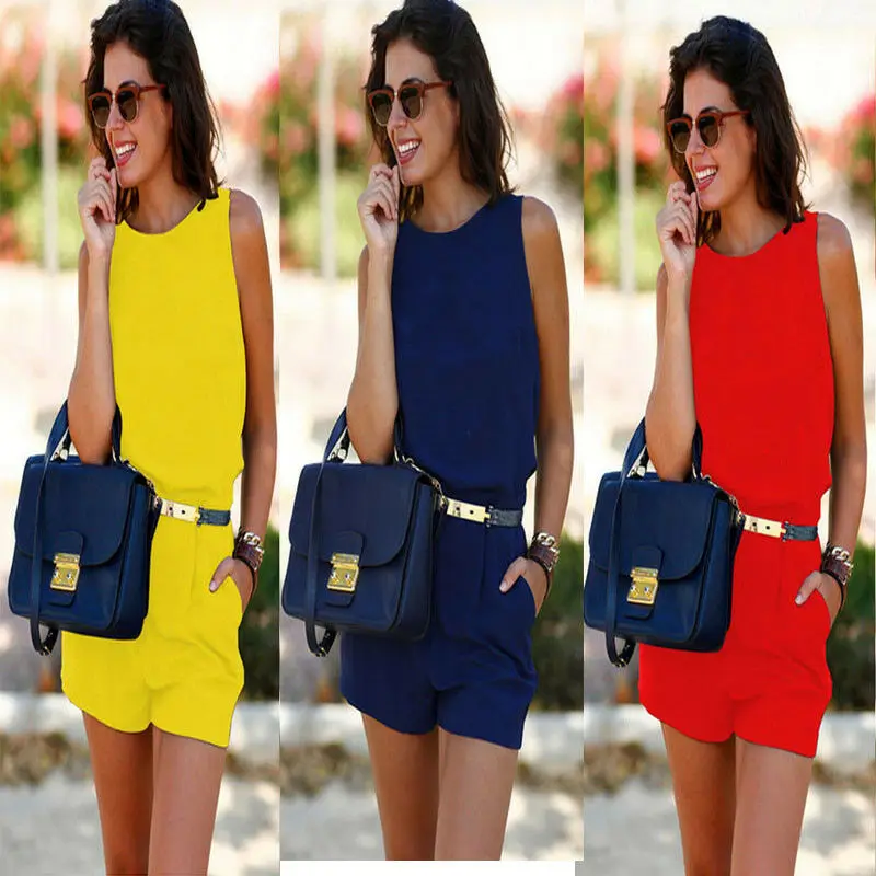 Женский модный клубный комбинезон вечерний и с карманами поясом однотонные