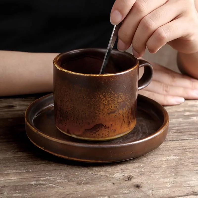 

220ml Vintage Japanese Style Coarse Pottery Coffee Cup with Saucer Ceramic Mug Cafe Drinkware Coffee Cup Breakfast Milk Tea Mugs