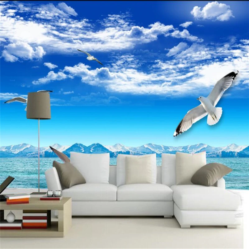 Обои на заказ голубое небо белые облака снег горы вид море голуби ТВ украшение