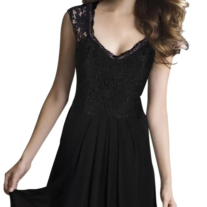 

Women's Dress Summer Sleeveless V Neck Lace Party Dress Stitching Chiffon Lady Solid Color Floor-Length Elegant Girl Dress 2019