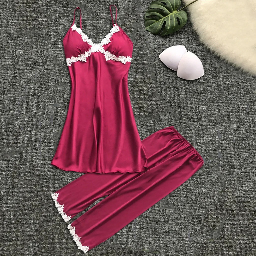 Женский сексуальный Шелковый Атласный пижамный комплект в виде кружевной пижамы