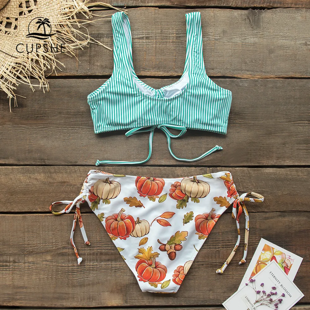 CUPSHE зеленая полоса и тыква средняя посадка бикини наборы майка купальник из двух