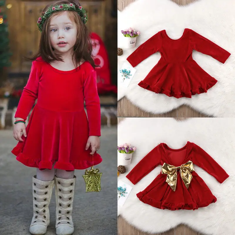 Baby Girl Dress Red Velvet Princess Long Sleeve Bow Knot Party Pageant Wedding Children Clothing 1-6T US | Детская одежда и обувь
