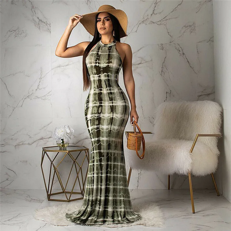 Женское длинное платье в стиле бохо пляжное без рукавов с принтом на бретельках и
