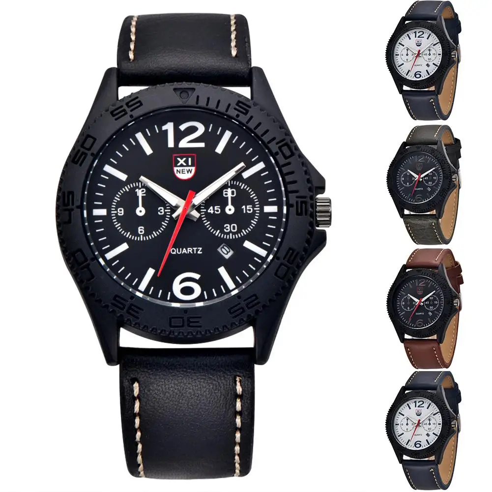 2019 модные часы из искусственной кожи с календарем мужские повседневные
