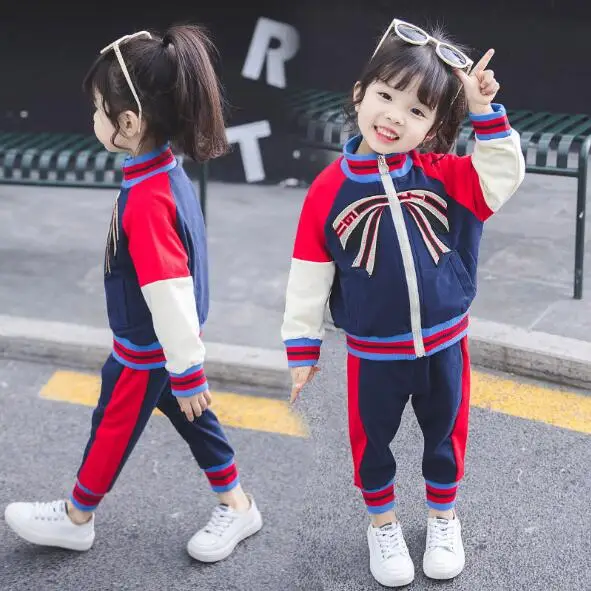 Girls Sets 2019 Spring Girl And Boys Fashion Bow Zipper Top+Pants Two Pcs Suits Set Costumes For Children Kids Clothes | Детская одежда