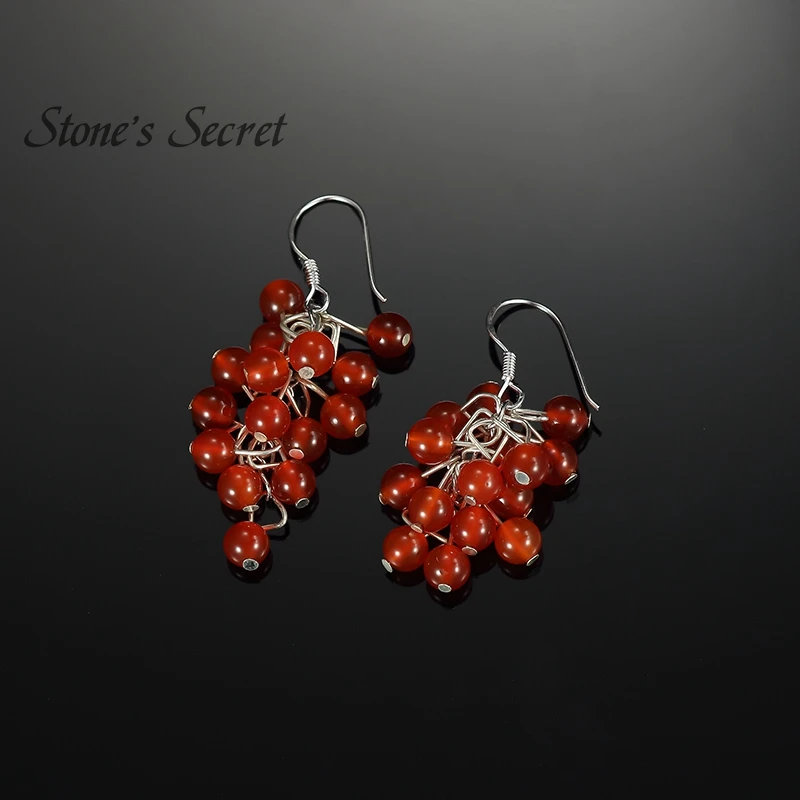 Женские серьги в форме винограда элегантные из натурального камня красного