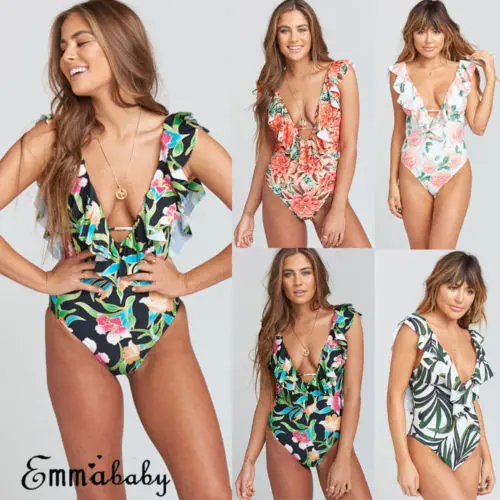 Женский слитный купальник с цветочным принтом и оборками монокини пуш ап