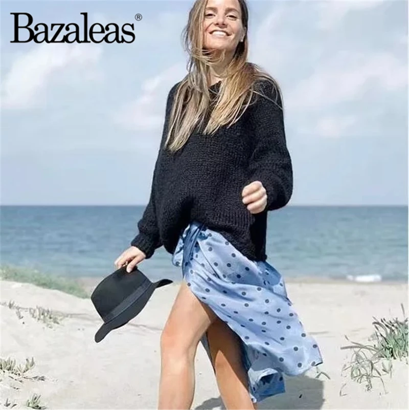 Bazaleas Винтаж в горошек платье для девочек синего цвета с Разделение юбки для Юбка-миди тонкий пояса галстуком-бабочкой модная юбка Повседневное Перевозка груза падения