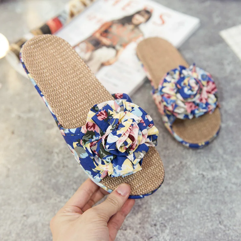 

Summer New Linen Slippers Women's Home Indoor And Outdoor Couples Fowers Shoes Beach floral Toe Slippers