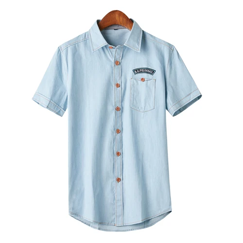 Light Blue Мужская Повседневная модная джинсовая рубашка с коротким рукавом - Цвет: Light Blue