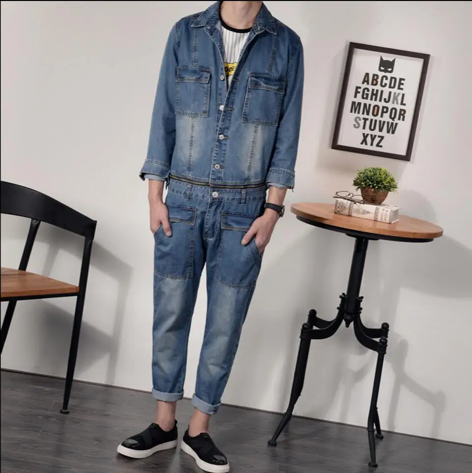 New Vintage One Piece Jeans Personality Water Wash Overalls Men Detachable Trousers Jumpsuits Blue Jeans