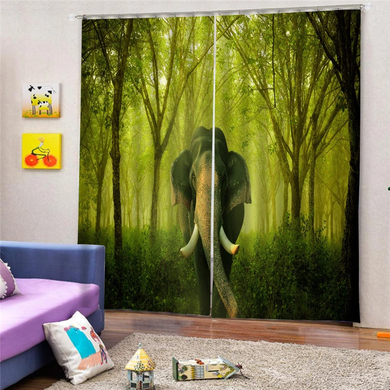 3D Тканевая Занавеска с изображением Солидного Слона в Лесу, Приближающегося зеленого пейзажа Африканской джунглей для спальни или гостиной.