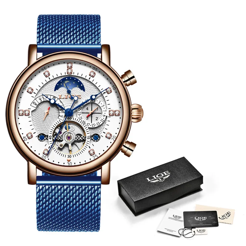 Blue rose gold white LIGE, подарок, мужские часы, брендовые, Роскошные, модные, Tourbillon, автоматические механические часы, мужские часы из нержавеющей стали, Relogio Masculino - Цвет: Blue rose gold white