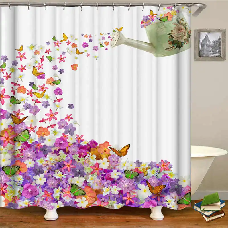 Butterfly Pattern Shower Curtain Rings PE Waterproof Polyester Bape Flower Printed Bath Curtains With 12 Hooks For Bathtub Decor | Дом и сад