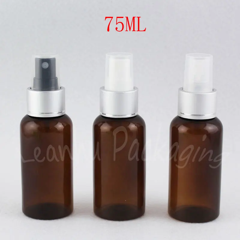 75ML Brown Round Shoulder Plastic Bottle With Silver Spray Pump , 75CC Empty Cosmetic Container , Toner / Water Sub-bottling