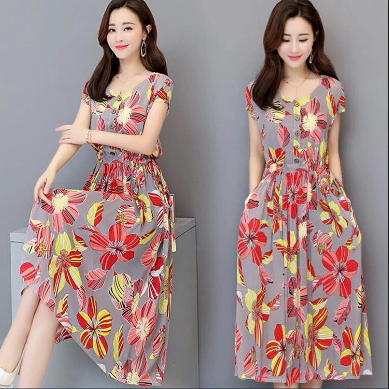 Платье женское хлопковое с цветочным принтом длинное удобрением в коде