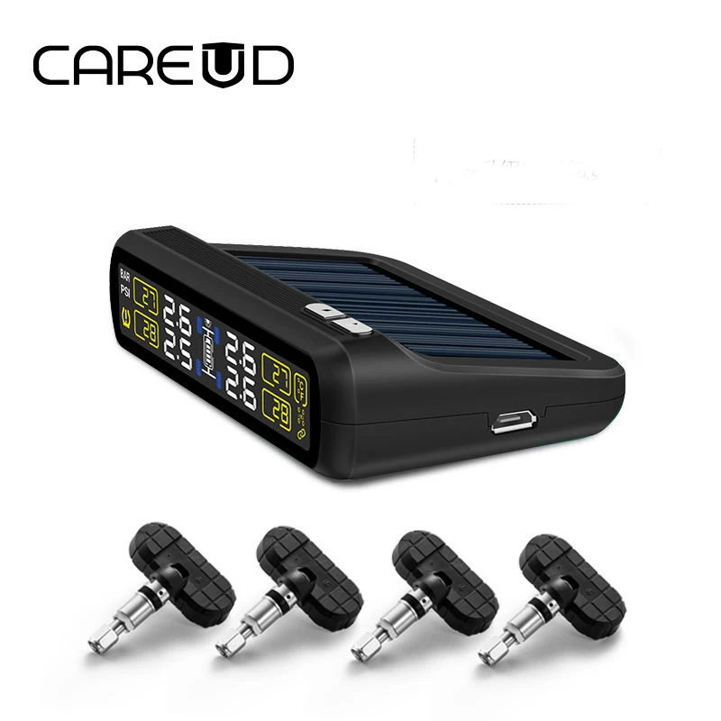 Black CAREUD солнечная энергия и USB зарядка автомобиля TPMS беспроводная система контроля давления в шинах с 4 внутренними датчиками ЖК-дисплей - Тип: Black