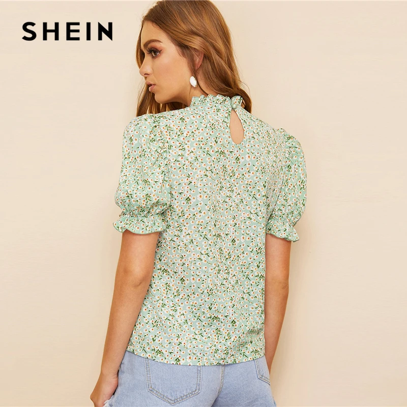 SHEIN Boho Green Ditsy Цветочные жабо шеи с пышными рукавами Топ Замочная скважина Сзади блузка женские летние элегантные офисные женские топы и блузки