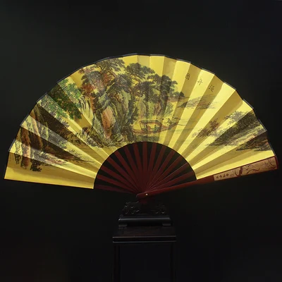 yellow fanzhou 1" большой бамбуковый Шелковый ручной вентилятор Свадебные сувениры китайский складывающийся веер живопись ремесла веер ребро вырезанные узоры - Цвет: yellow fanzhou