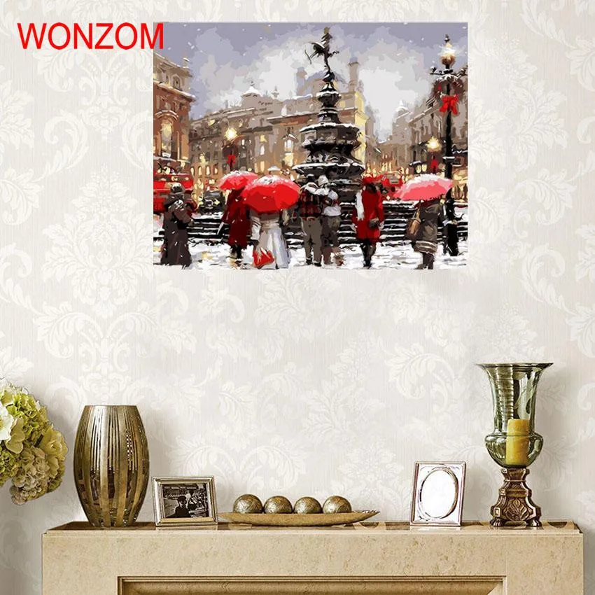 Зимние квадратный Зонт людей картина Раскраска по номерам абстрактная цифровая