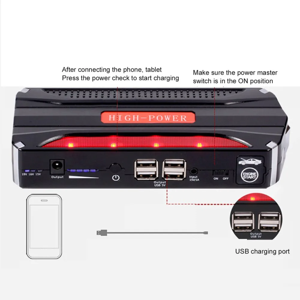68800 мАч автомобильный стартер, портативный 4 USB автомобильный источник питания, перезаряжаемый внешний аккумулятор, аккумулятор высокой мощности, аксессуары