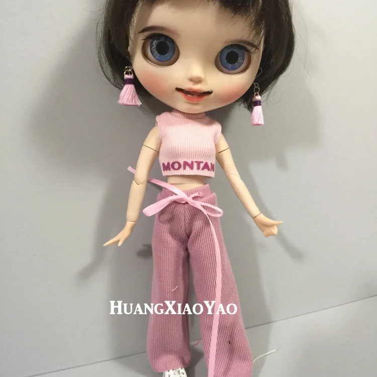 

B016 Blyth Doll clothes 1/6 dolls Accessories handmade 30cm clothes pink sleeveless tops with pants 2pcs/set