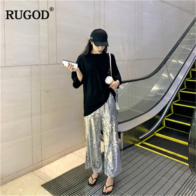 Женские брюки с блестками RUGOD свободные эластичной резинкой на талии в стиле