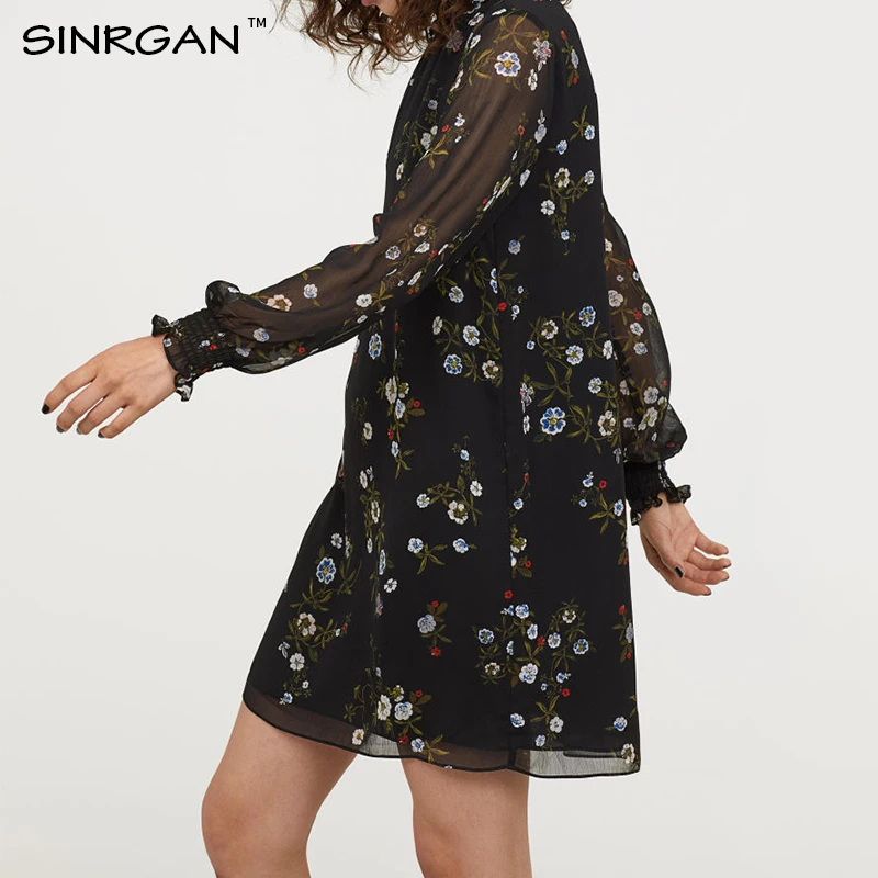 SINRGAN свободный стиль с цветочным принтом boho женщин платье Водолазка Длинные