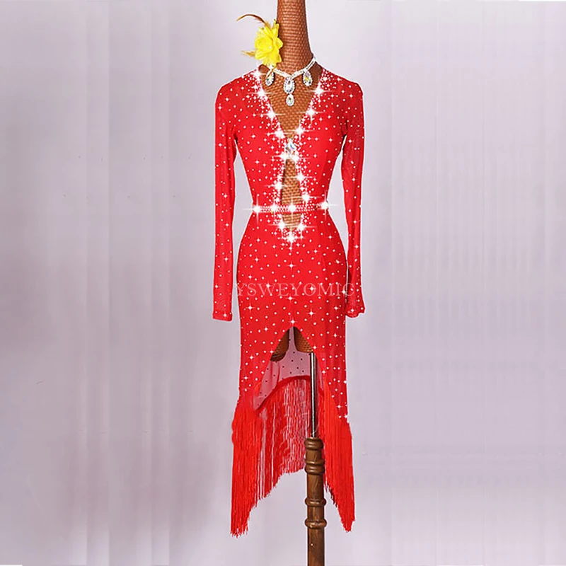 Red Black Shiny Rhinestones Latin Dance Performance Female Clothing Competition Suit Dress for Women | Тематическая одежда и
