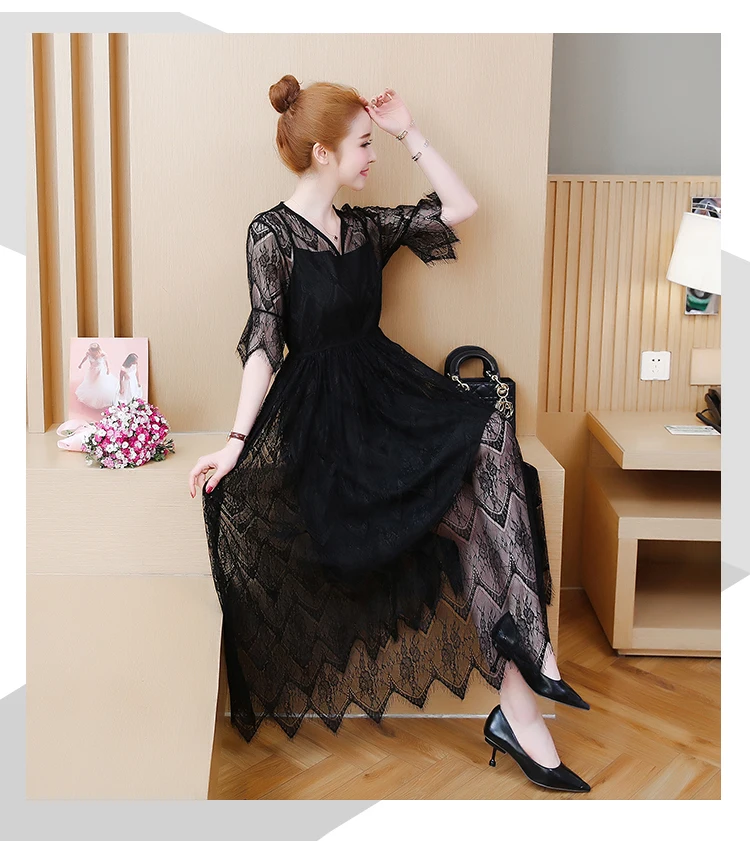 Moda mujer, летние платья размера плюс для женщин, 4xl, 5xl, 6xl, большие размеры, черное кружевное элегантное платье, уникальное женское винтажное платье