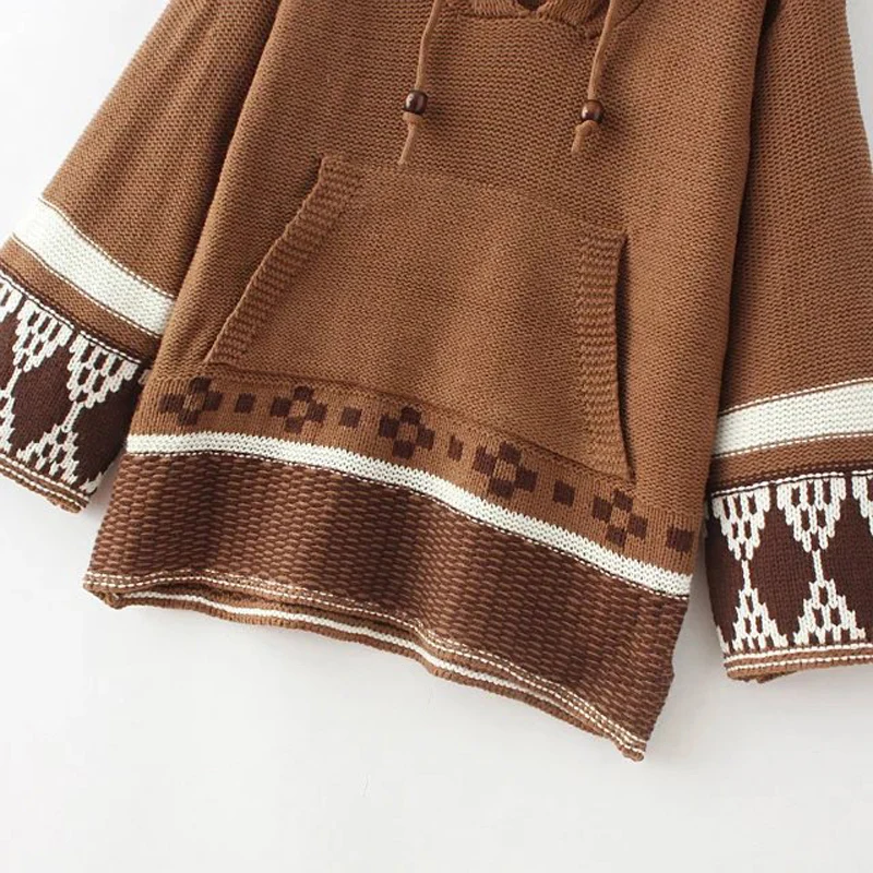 Шикарный boho Зимний вязаный женский свитер, пуловеры с этническими вышитыми рукавами, свободные богемные хиппи свитера с капюшоном