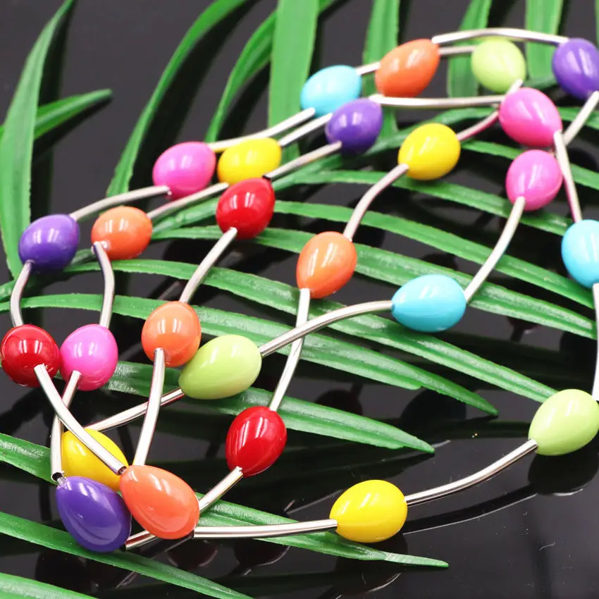 Длинное ожерелье с разноцветными бусинами 9x13 мм из окрашенного стекла в форме