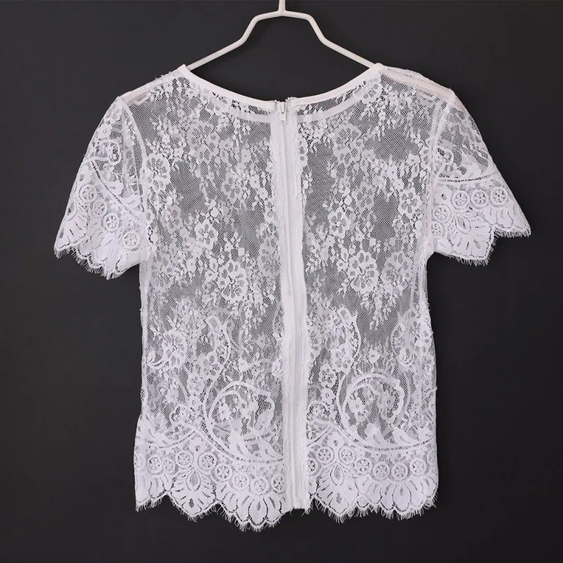 Женский сексуальный кружевной топ, Blusas Femininas, черный, короткий рукав, круглый вырез, с вырезами, на молнии