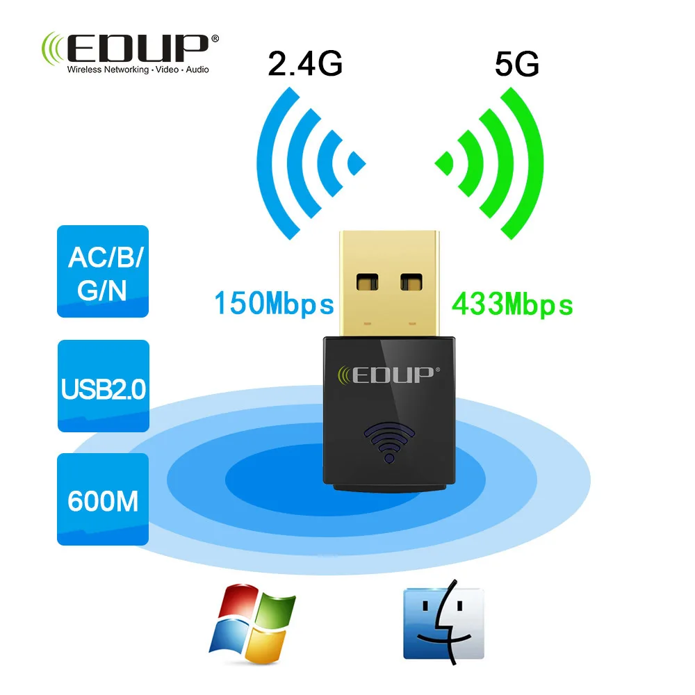 EDUP 600 Мбит/с мини беспроводной USB WiFi адаптер 5 ГГц 802.11ac двухдиапазонный Wi-Fi