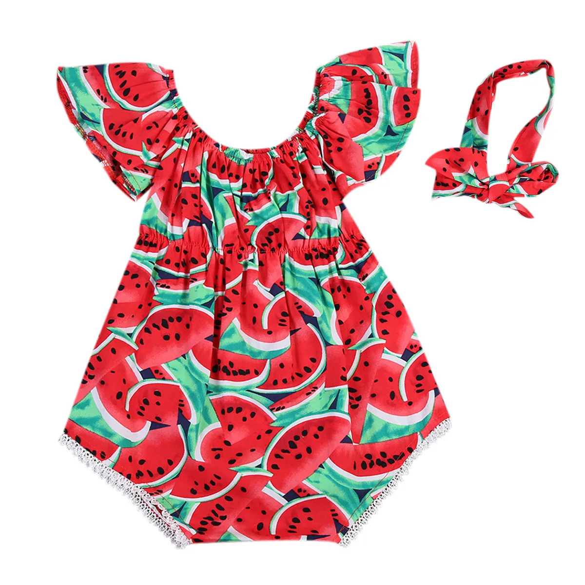 

Baby Bodysuit!! Newborn Baby Girls Watermelon Print Clothes Ruffles Sleeve Bodysuit +Headband 2pcs Jumpsuit Outfits Playsuit