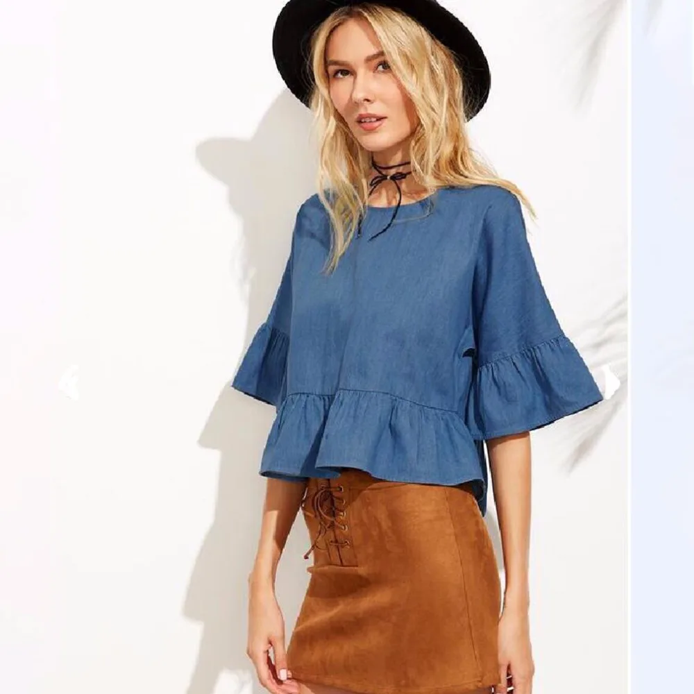 2017 г. женские новые летние джинсовый топ О-образным вырезом свободные половины