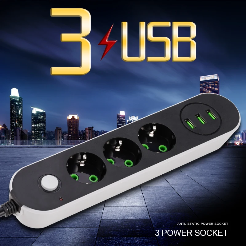 Умный USB Мощность розеток штепсельная вилка европейского стандарта 3 розетки