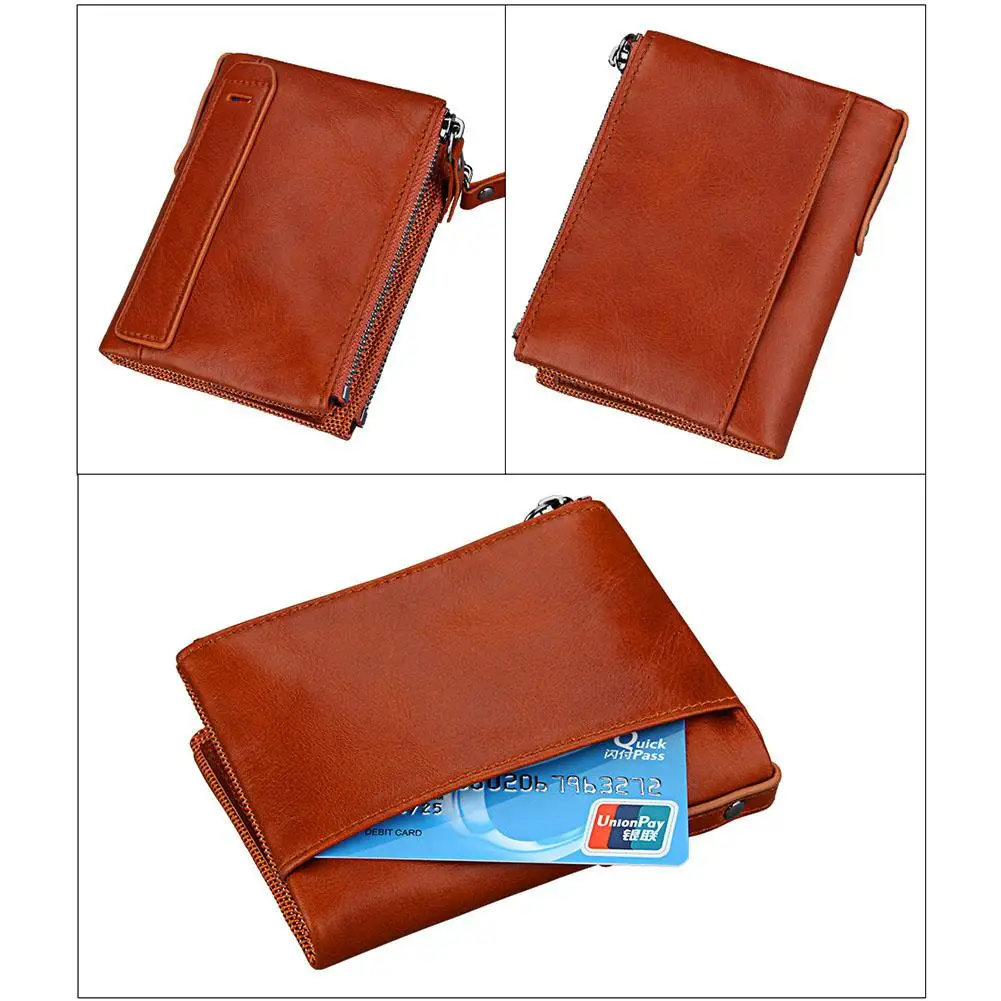 Banabanma Genuine Wallet Cowhide Leather Men Wallets Double Zipper Short Purse Coin Pockets Anti RFID Card Holders Wallet Men 40