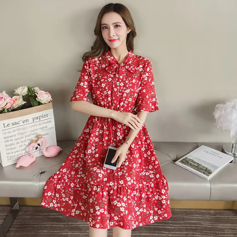 Summer Women's Dress 2019 Casual High Elastic Waist A-line Vintage Party Dresses Ladies Bow Floral Print Boho Chiffon Sundress | Женская