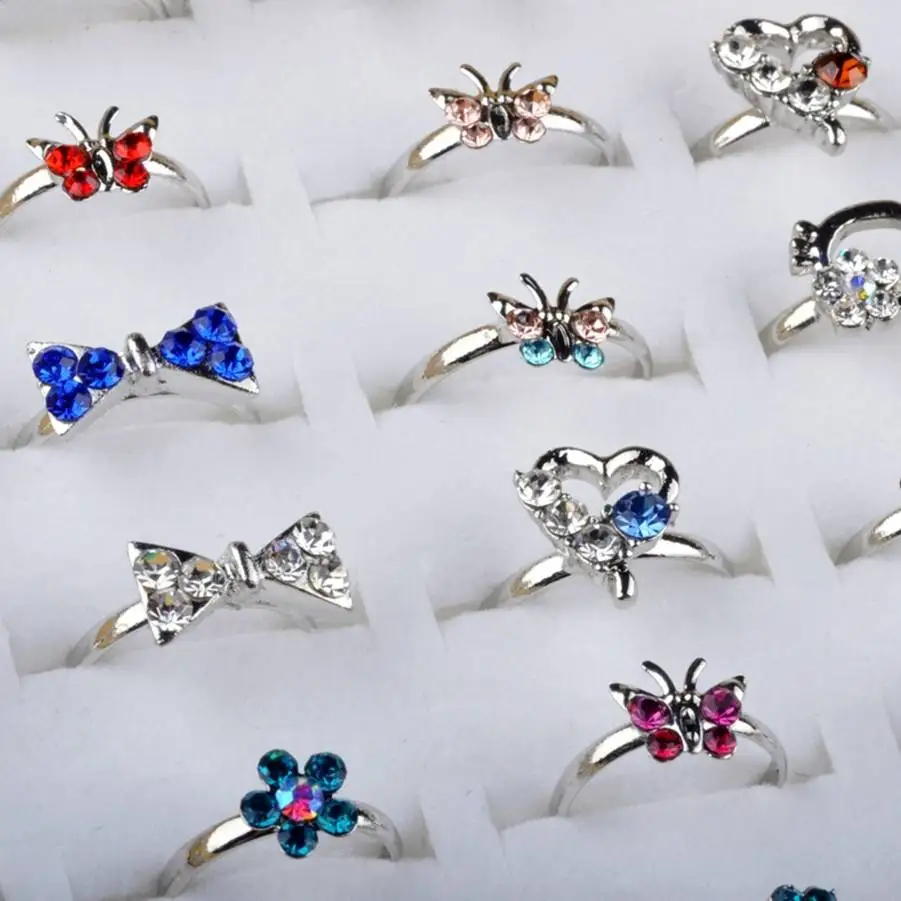 

5pcs Wholesale Mixed Heart Bow Shape Crystal Children Kids Rings Tail Ring Adjustable Size Assorted Lot Party Jewelry