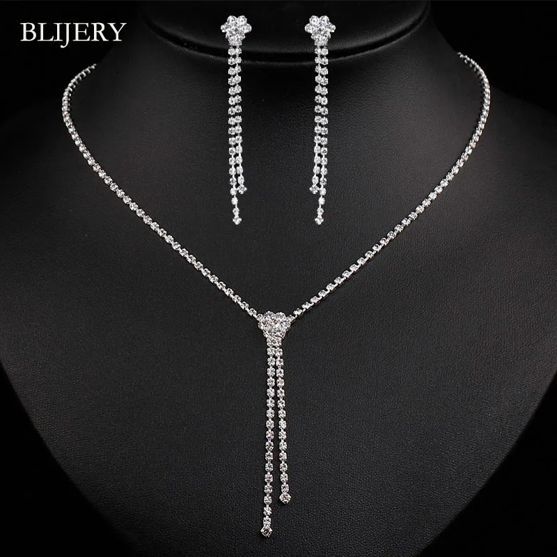 02J01 BLIJERY, Модные Ювелирные наборы для невесты, посеребренные кристаллы, длинные висячие ожерелья, серьги для женщин, свадебные ювелирные наборы - Окраска металла: 02J01