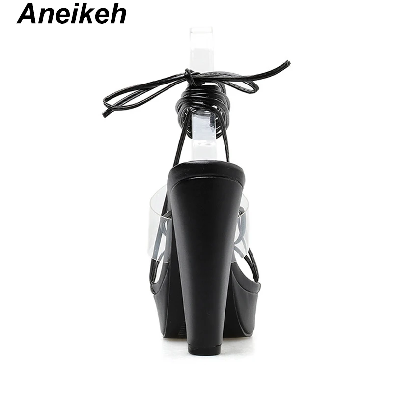 Aneikeh Sexy PVC High Heels Sandals Platform Narrow Band Ankle Strap Chunky Heels Women Pumps Lace Up Summer Dress Sandals Mujer