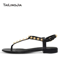 giant studs flats black sliver t bar beach shoes flat thong sandals for women strappy vacation studded shoes large size 2018