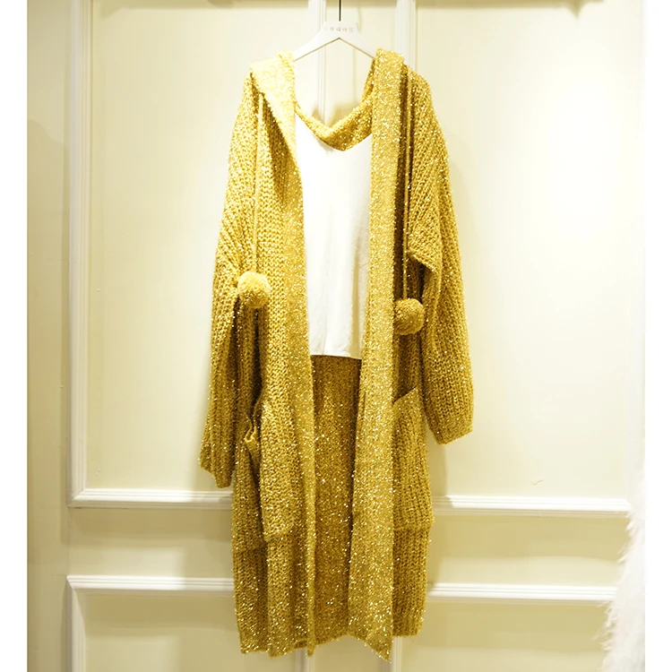 Cakucool Women Gold Lurex Open Stitch Bling Sequins Long Cardigan Loose Korean Hooded Sweater Knit Coat Outerwear Female Plus |