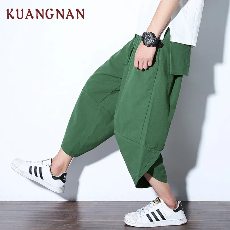 Green KUANGNAN, китайский стиль, длина по щиколотку, хлопок, лен, брюки, мужские, брюки для бега, мужские, XXXL, спортивные штаны, уличная одежда, мужские штаны - Цвет: Green